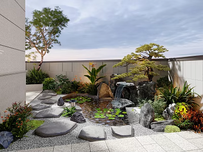 Lush Outdoor Garden With Pond Water Lilies Waterfall Stones Trees And Plants 3d model