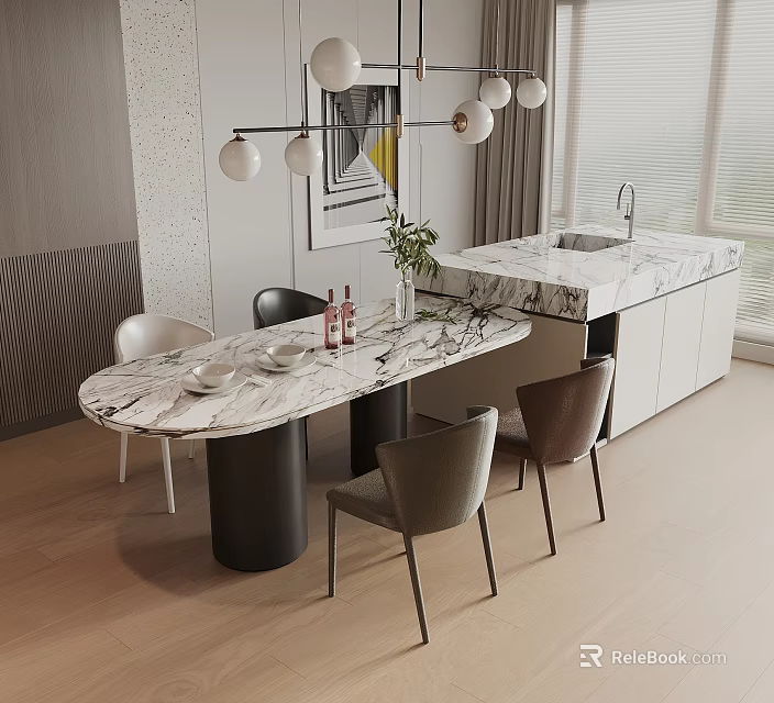 Modern Dining Table Set With Marble Top Various Colored Chairs Pendant Lights And Decorative Plant 3d model 