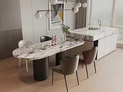 Modern Dining Table Set With Marble Top Various Colored Chairs Pendant Lights And Decorative Plant 3d model