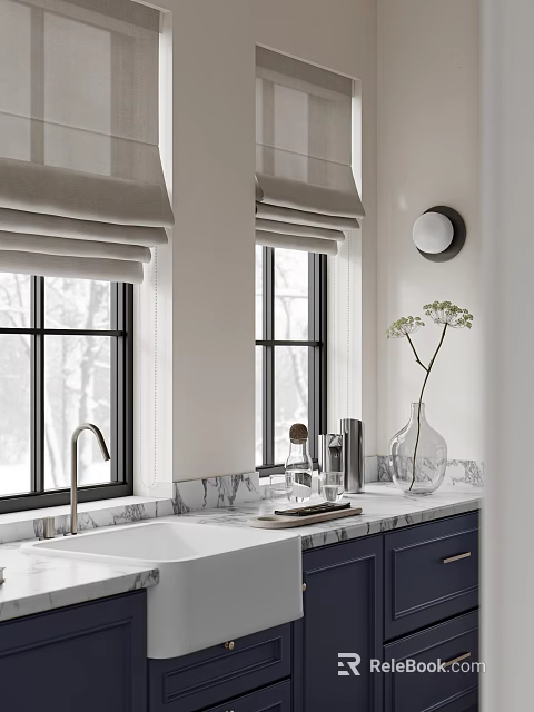 Soft Neutral Modern Kitchen Interior With Marble Countertop Sink And Elegant Roman Shade Windows 3d model 