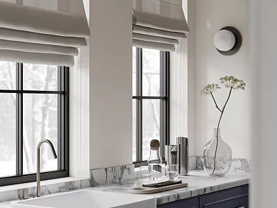 Soft Neutral Modern Kitchen Interior With Marble Countertop Sink And Elegant Roman Shade Windows 3d model