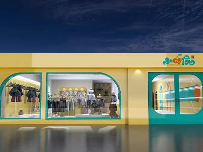 Bright Yellow Clothing Store With Arched Windows And Displayed Fashion Apparel 3d model