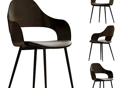 Stylish Modern Single Chair With Curved Wooden Backrest Leather Seat And Black Metal Legs 3d model