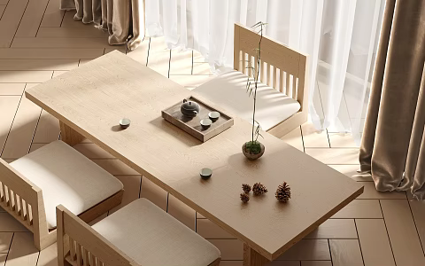 Japanese Tea Table and Chair Tea Set Wood Floor Curtain Gauze Curtain 3d model