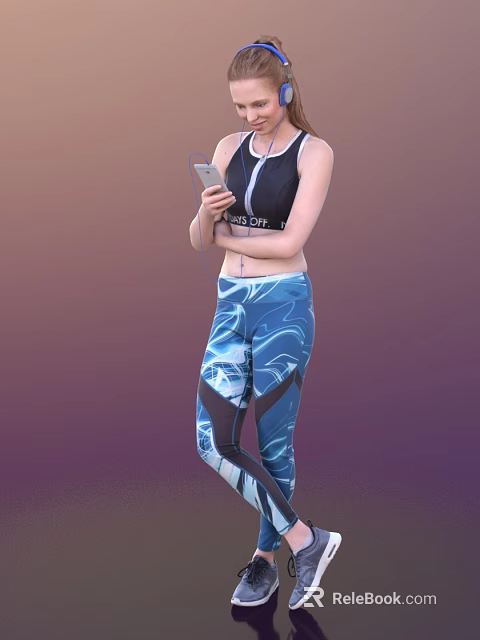 Woman in CrossFit Athletic Tank Top Wearing Blue Workout Leggings Holding Smartphone and Earphones 3d model 