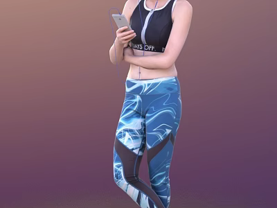 Woman in CrossFit Athletic Tank Top Wearing Blue Workout Leggings Holding Smartphone and Earphones 3d model