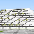 Modern Architectural Building With Unique Curved Glass Facade And Pink Flowering Trees