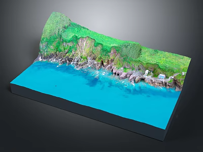 Detailed Coastal Terrain Model With Green Cliffs Blue Water And Rocky Shore 3d model