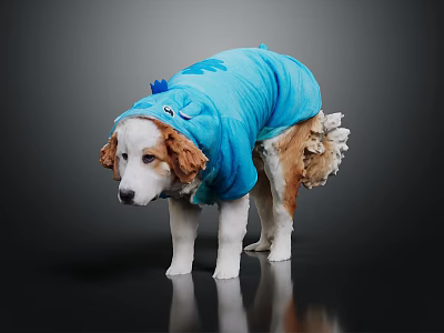 Cute Dog Wearing Blue Shark Costume Standing On Dark Background With Reflection 3d model