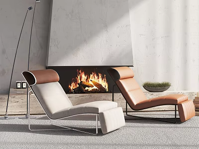 Modern Cream And Brown Lounge Chairs By Fireplace With Flames And Floor Lamp 3d model