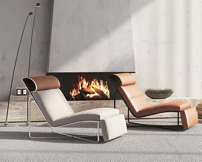 Modern Cream And Brown Lounge Chairs By Fireplace With Flames And Floor Lamp 3d model
