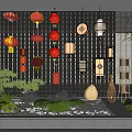 Colorful Chinese Lanterns Hanging On Lattice Wall With Miniature Rockery And Plants