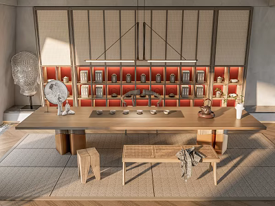 Elegant Modern Tea Room Featuring Long Wooden Table Bamboo Screen Red Shelf And Tea Sets 3d model