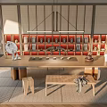 Elegant Modern Tea Room Featuring Long Wooden Table Bamboo Screen Red Shelf And Tea Sets