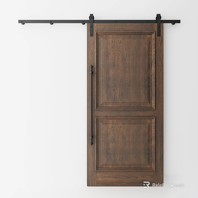 Dark Brown Wooden Barn Door With Paneled Design And Sliding Hardware Details 3d model 