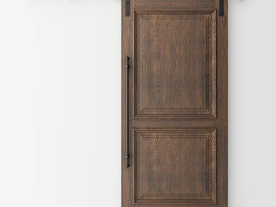 Dark Brown Wooden Barn Door With Paneled Design And Sliding Hardware Details 3d model