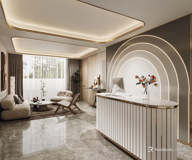 Elegant Modern Store Front Desk With White Counter Golden Trim Sofa Plants And Soft Lighting 3d model 