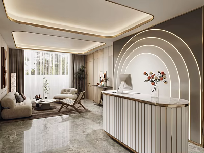 Elegant Modern Store Front Desk With White Counter Golden Trim Sofa Plants And Soft Lighting 3d model