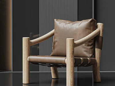 Modern Accent Chair With Wooden Frame And Brown Leather Cushion For Minimalist Living Room 3d model