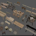 Various Wooden Furniture Collection Featuring Tables Benches Stools And Round Tables
