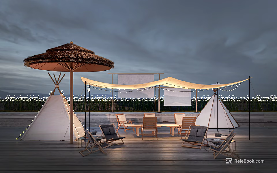 Outdoor Wooden Table And Chairs Set With Thatched Umbrella Teepees String Lights On Deck 3d model 