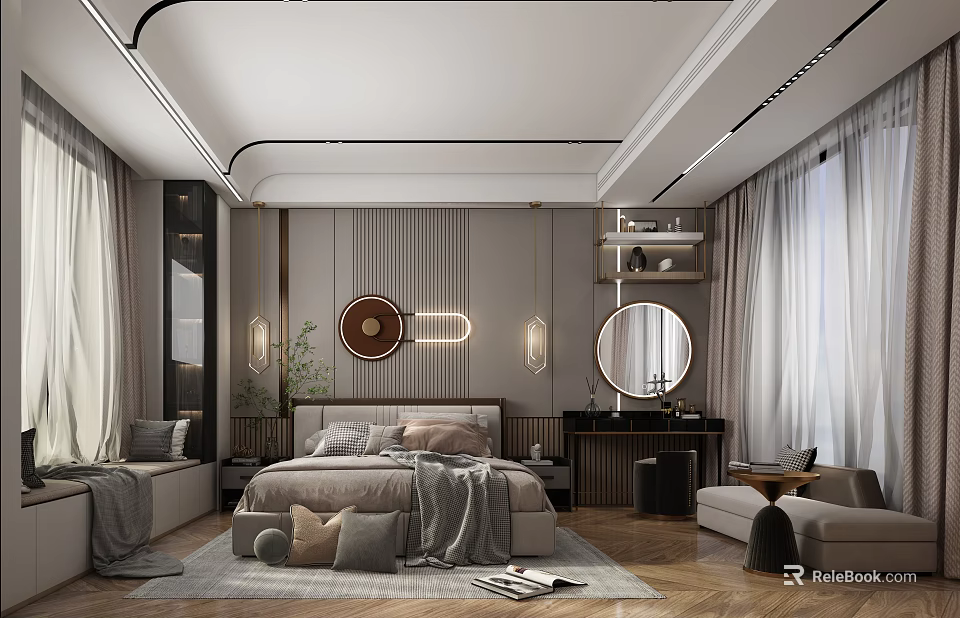Modern Elegant Bedroom Interior With Bed Pillows Blanket Round Mirror Curtains And Wooden Flooring 3d model 