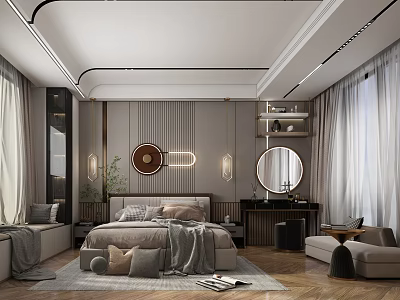 Modern Elegant Bedroom Interior With Bed Pillows Blanket Round Mirror Curtains And Wooden Flooring 3d model