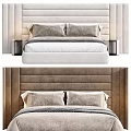 Modern Double Bed With Upholstered Headboard Beige Pillows And Soft Bed Linens 3d model