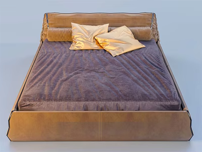Modern Double Bed with Brown Leather Headboard Dark Brown Bedspread and Golden Pillows 3d model