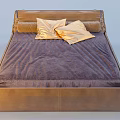 Modern Double Bed with Brown Leather Headboard Dark Brown Bedspread and Golden Pillows