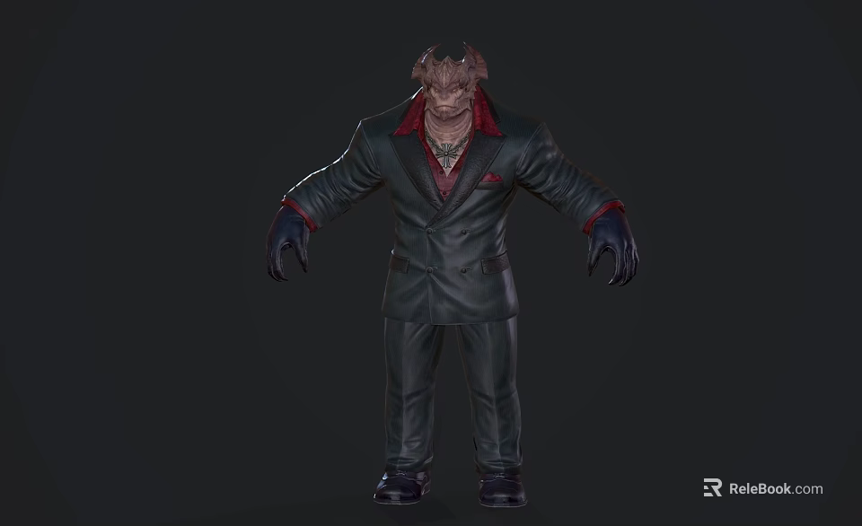Game Movie Monster Character in Dark Suit with Red Lining Horned Head and Clawed Hands 3d model 