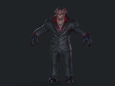Game Movie Monster Character in Dark Suit with Red Lining Horned Head and Clawed Hands 3d model
