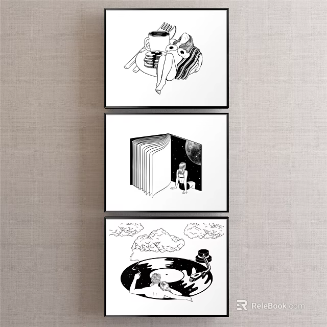 Black and White Illustrations Wall Art Three Scenes with Characters Book Moon Clouds Record 3d model
