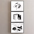 Black and White Illustrations Wall Art Three Scenes with Characters Book Moon Clouds Record 3d model