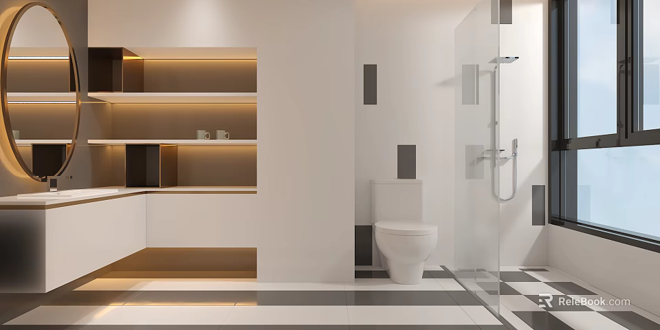 Modern Bathroom Interior With White Walls Illuminated Shelves And Glass Shower Geometric Tiles Floor 3d model 