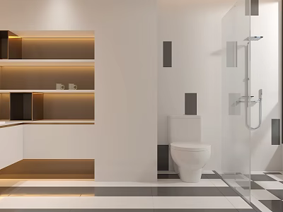Modern Bathroom Interior With White Walls Illuminated Shelves And Glass Shower Geometric Tiles Floor 3d model