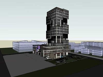 Modern Multi Storey Office Building With Glass Facade And Adjacent Structures 3d model