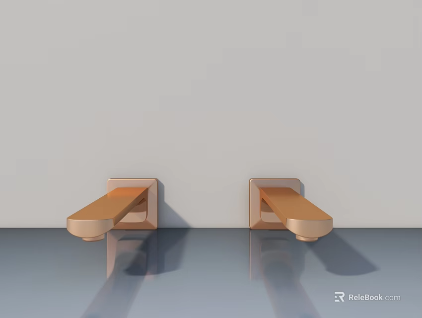 Two Golden Faucets Mounted on Light Colored Wall with Reflective Floor 3d model