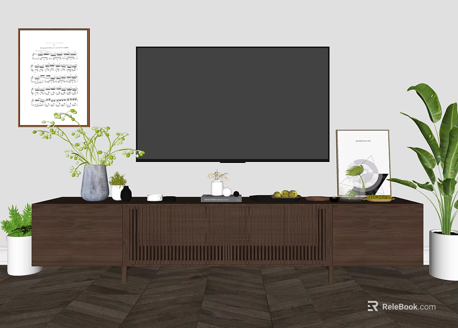 Modern TV Stand with Flat Screen TV Decorative Plants and Wall Art in Living Room 3d model 
