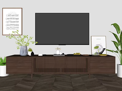 Modern TV Stand with Flat Screen TV Decorative Plants and Wall Art in Living Room 3d model