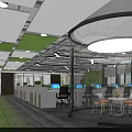Modern Public Office Area With Open Layout Green Carpet Glass Partitions And Work Desks