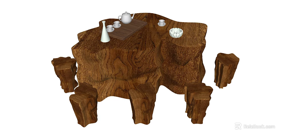 Root Carving Tea Table Handcrafted Natural Wooden Root Design With Matching Stools And Tea Set 3d model 