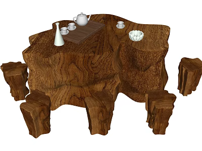 Root Carving Tea Table Handcrafted Natural Wooden Root Design With Matching Stools And Tea Set 3d model
