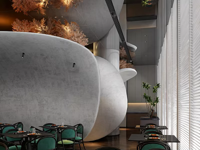 Modern Restaurant Interior With Curved Concrete Structure Green Chairs Decorative Lights And Plants 3d model