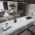 Modern Open Living and Dining Area With Marble Dining Table Grey Cabinets And Pendant Lights