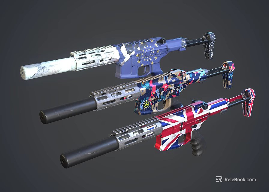 Vibrant Colored Shotguns Featuring Various Decorative Patterns Including Union Jack Design 3d model 