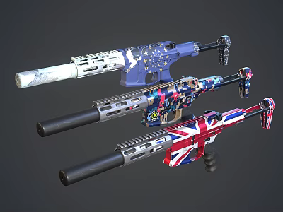 Vibrant Colored Shotguns Featuring Various Decorative Patterns Including Union Jack Design 3d model