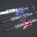 Vibrant Colored Shotguns Featuring Various Decorative Patterns Including Union Jack Design