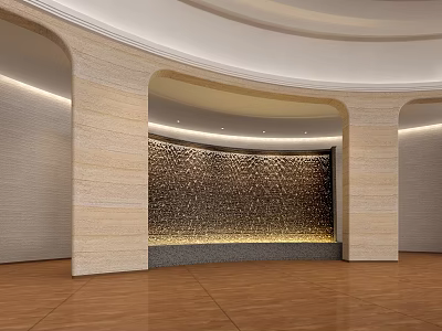 Elegant Front Desk Backdrop With Arched Columns Textured Surface Warm Lighting And Wooden Flooring 3d model