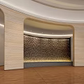 Elegant Front Desk Backdrop With Arched Columns Textured Surface Warm Lighting And Wooden Flooring